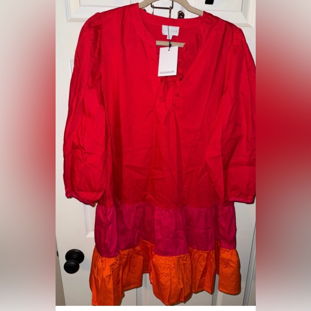 Sugarlips Red Colorblock Tie-Neck Mini Dress with Pink & Orange Tiers - Picture 2 of 2
